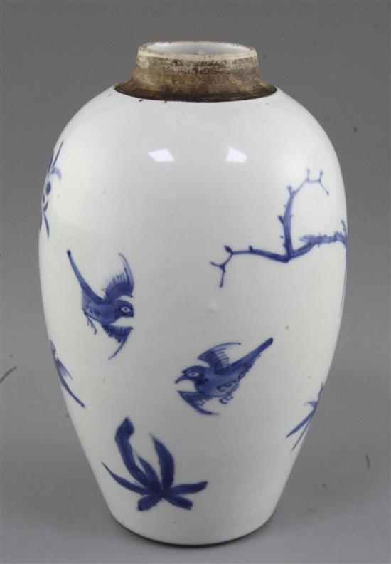 A Chinese blue and white ovoid jar, Transitional period c.1640, 18cm, wood stand